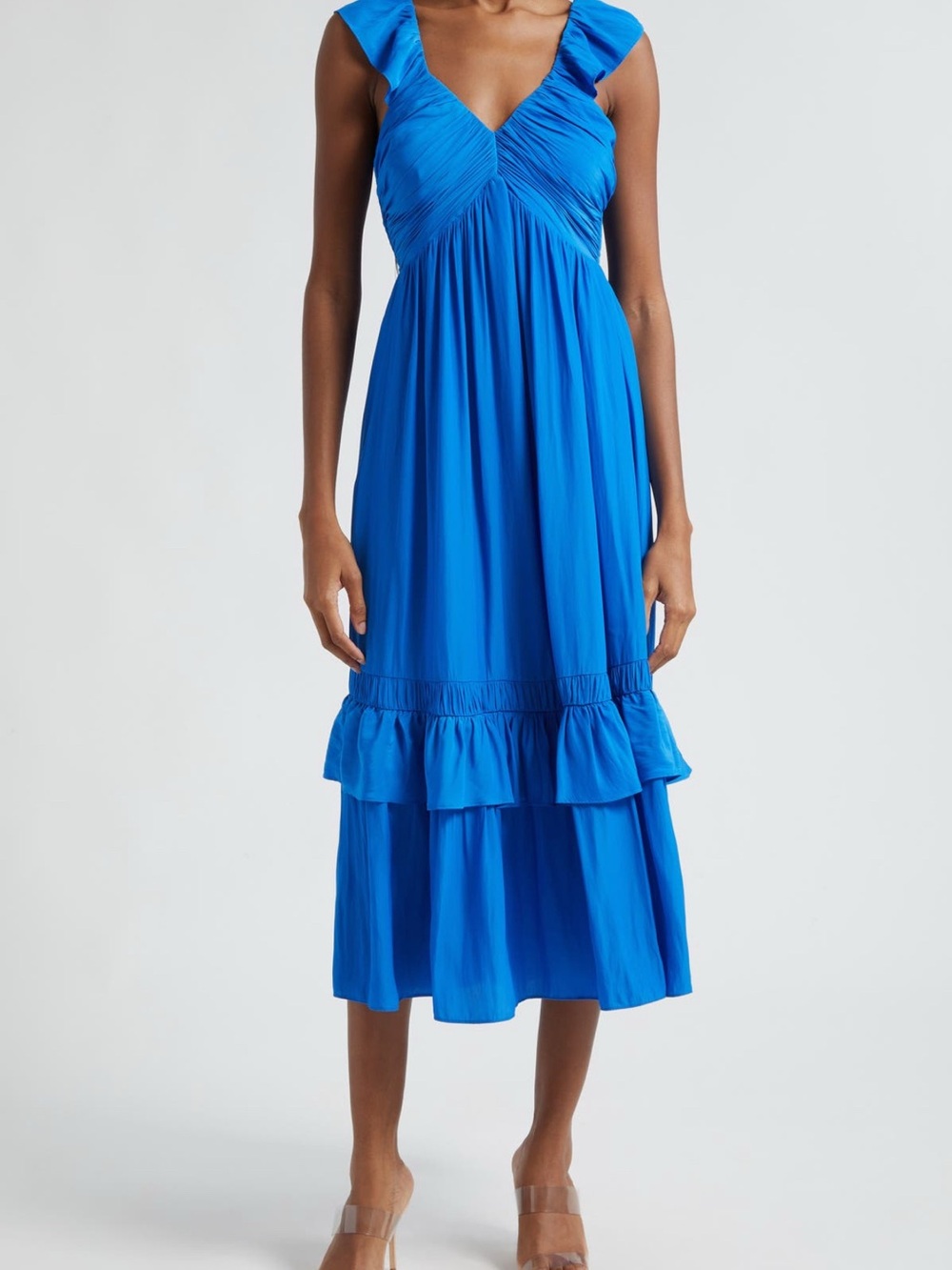 Bright Blue Sleeveless Ruffle Midi Dress by RAMY BROOK
